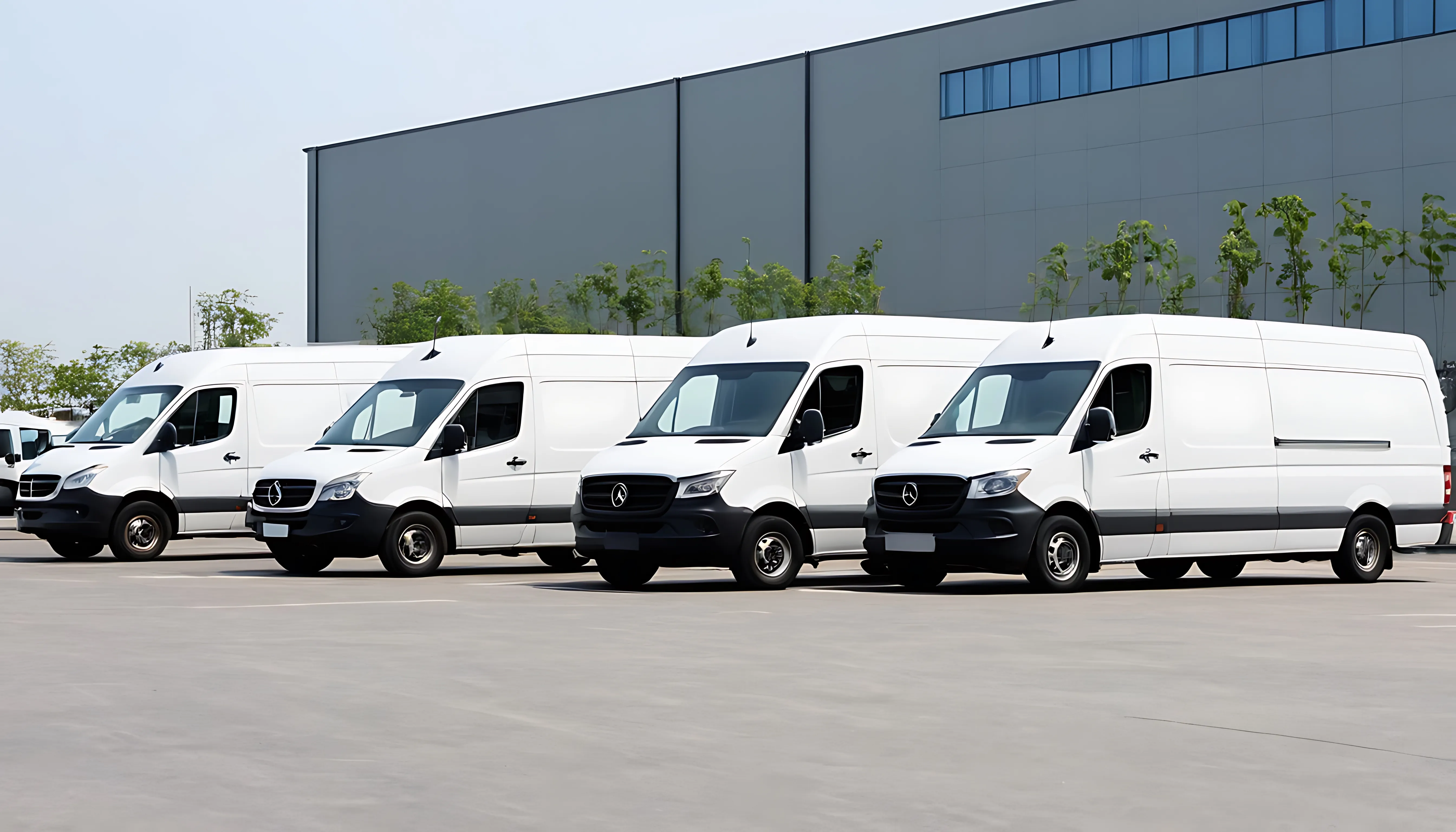 Fleet of delivery vans at warehouse depot