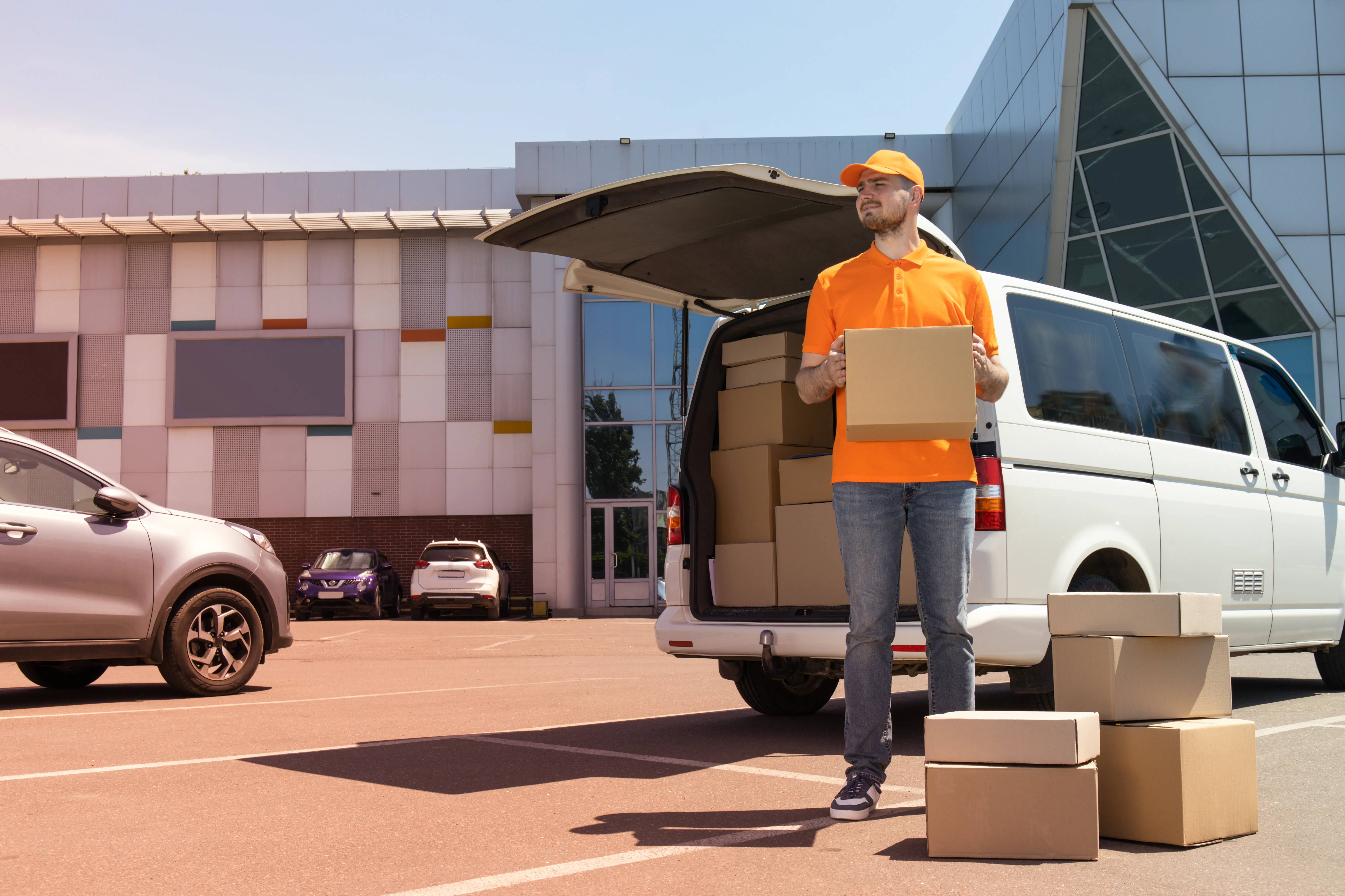 Courier delivering package at customer door